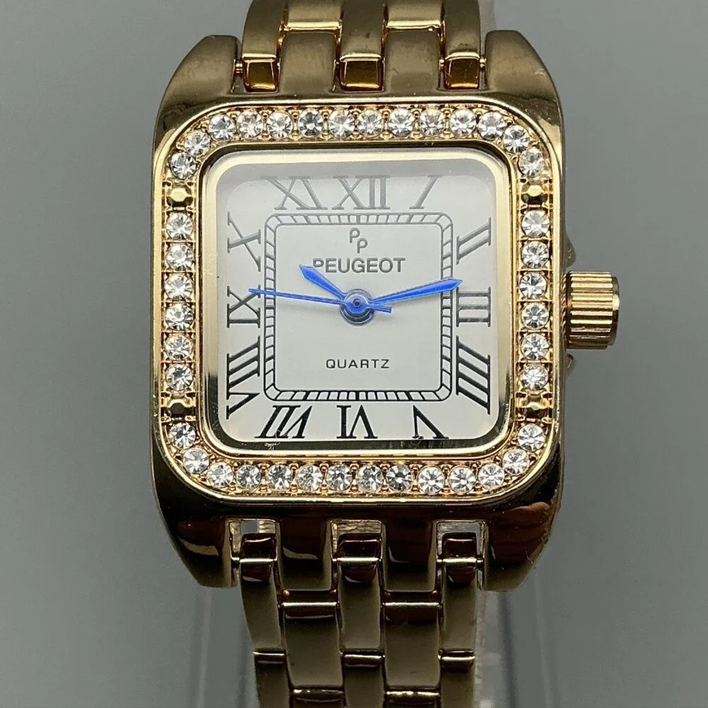 Peugeot Womens Watch 24mm White Dial Gold Tone Crystals Bracelet New Battery 6